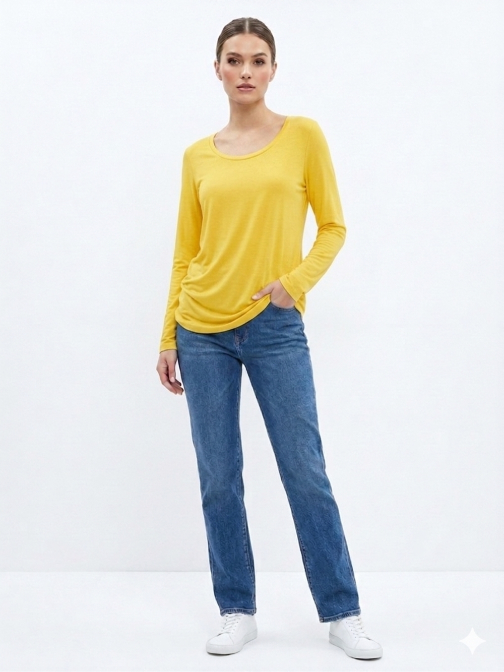 Women's Long-Sleeve Scoop Neck Tee - Yellow Up To Size 3XL